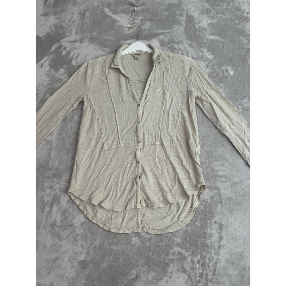 Lucky Brand Linen Blend Button Down Shirt Top Beige XS Long Sleeve